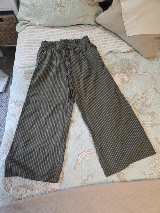 Pants - Olive Green Pinstripe Wide-Leg Loung Linen Blend Pants L